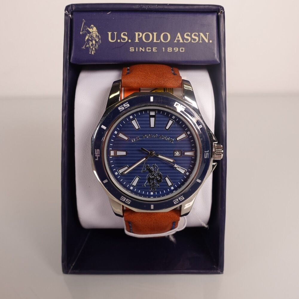 U.S. Polo Assn Men's Quartz Analog Watch Blue Dial Brown Leather Strap Date New